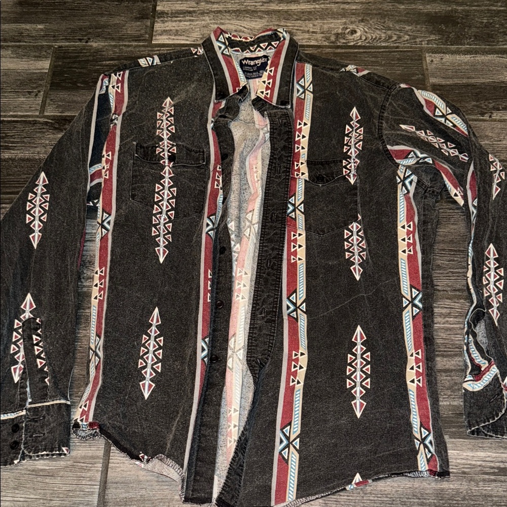 Wrangler Black Western Aztec Button-Down Shirt with Red and Teal Accents